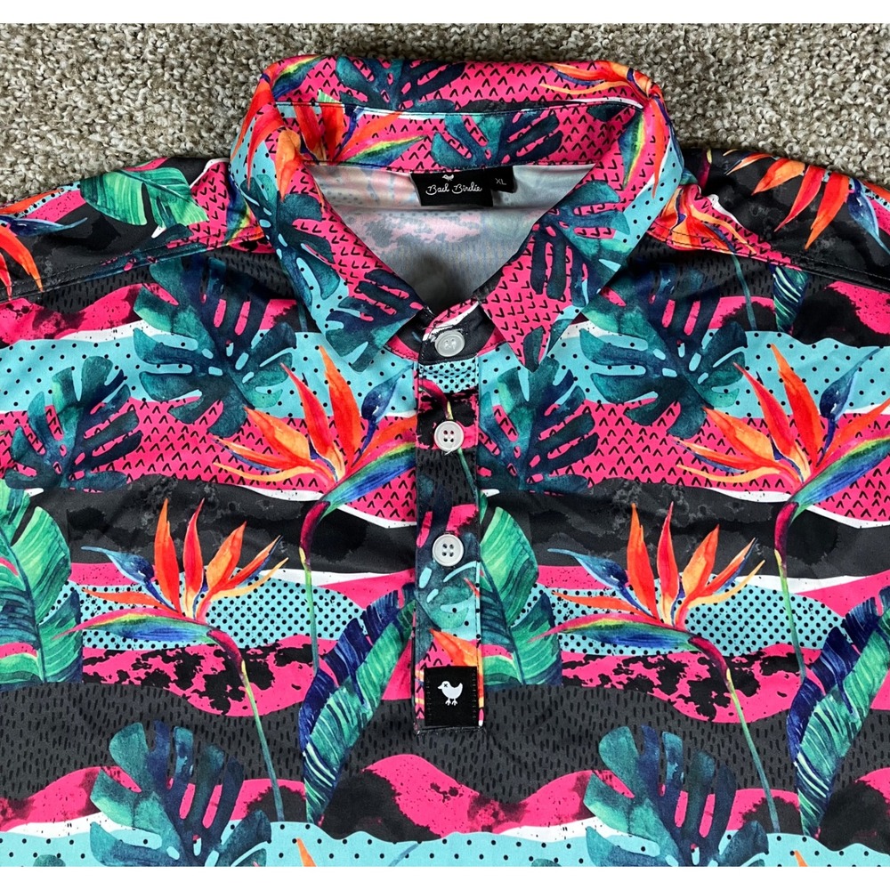 Bad Birdie Mens XL Golf Polo Shirt Tropical Floral Multi Color Short Sleeve